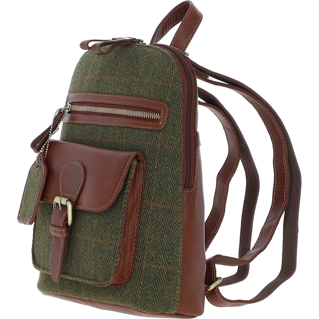 Leather & Tweed Pocket Backpack – Tan / Green Check, view 2