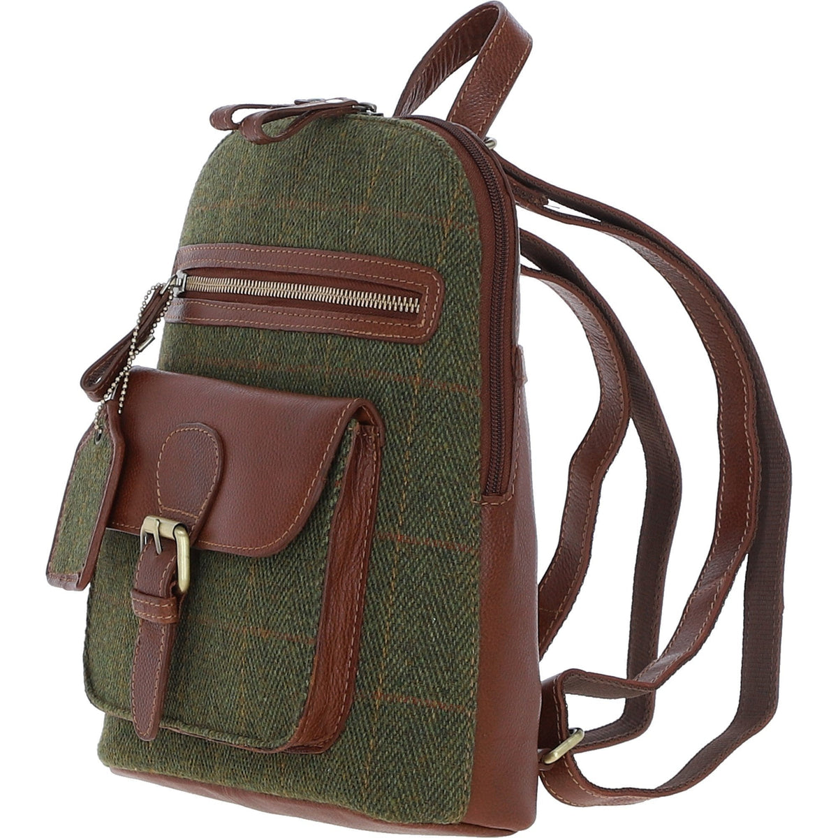 Leather & Tweed Pocket Backpack – Tan / Green Check, view 2