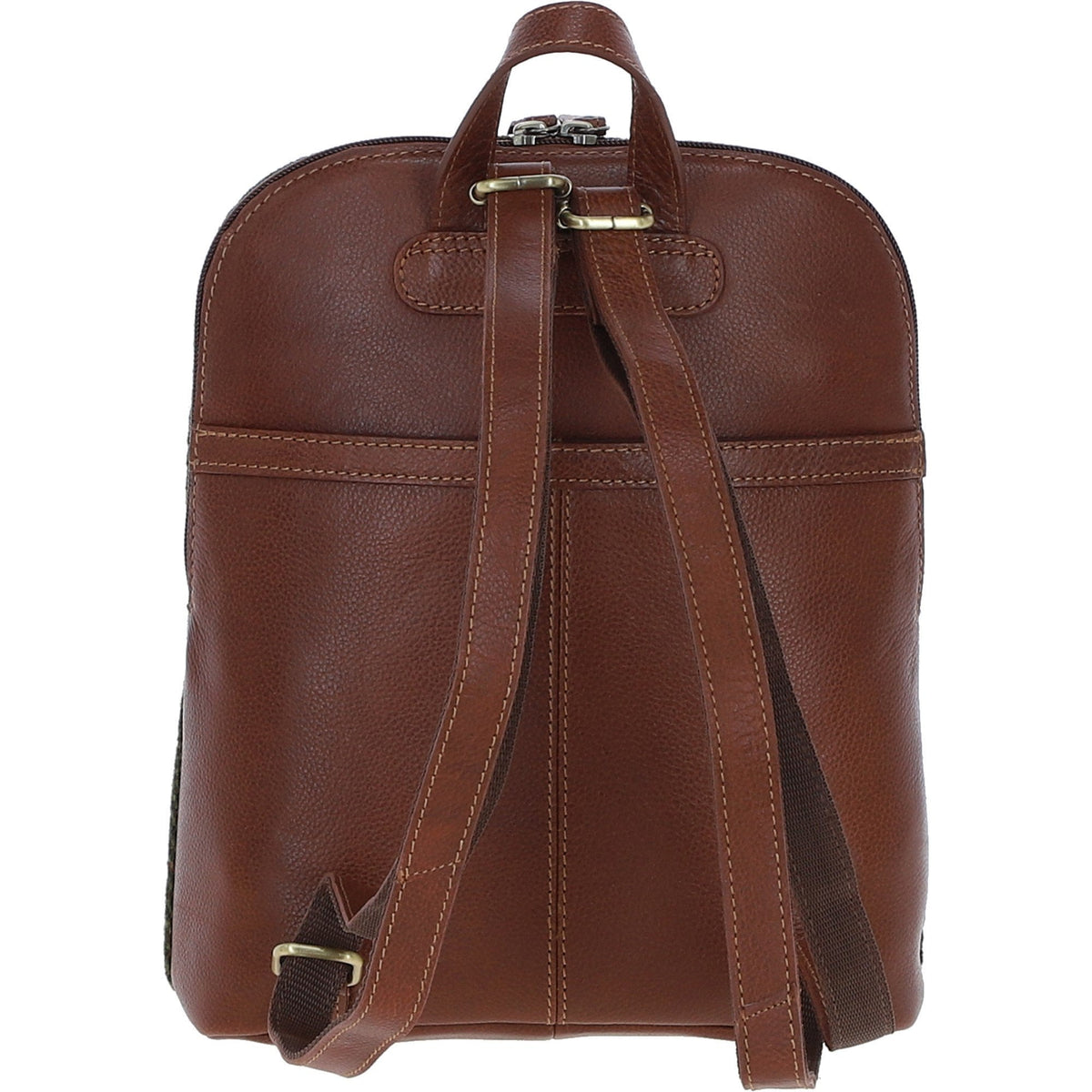 Leather & Tweed Pocket Backpack – Tan / Green Check, view 3