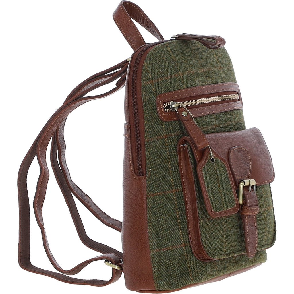 Leather & Tweed Pocket Backpack – Tan / Green Check, view 4