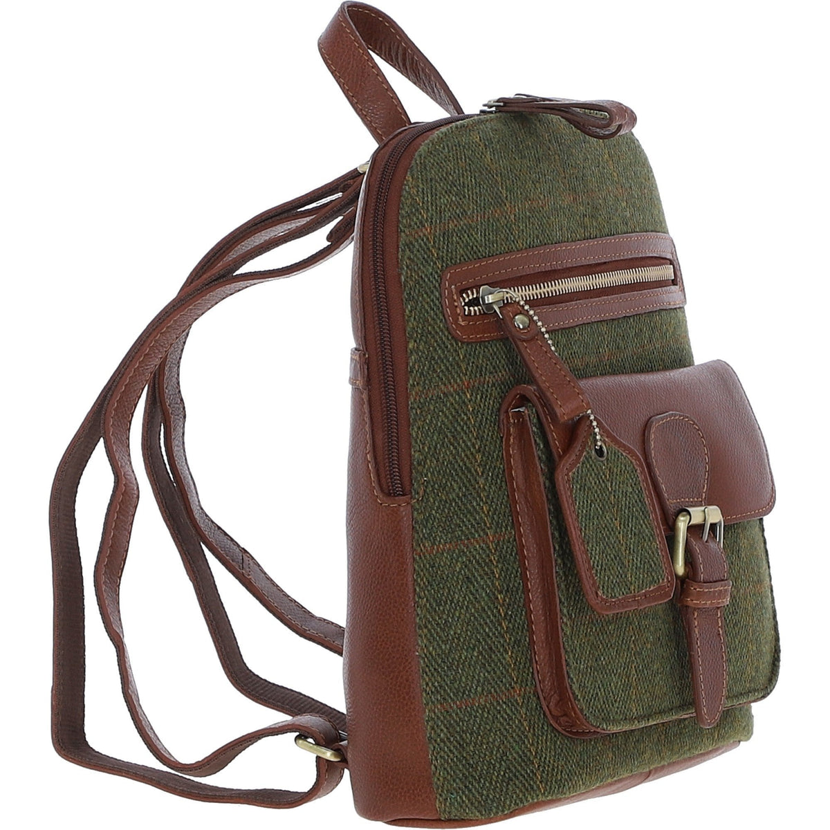 Leather & Tweed Pocket Backpack – Tan / Green Check, view 4