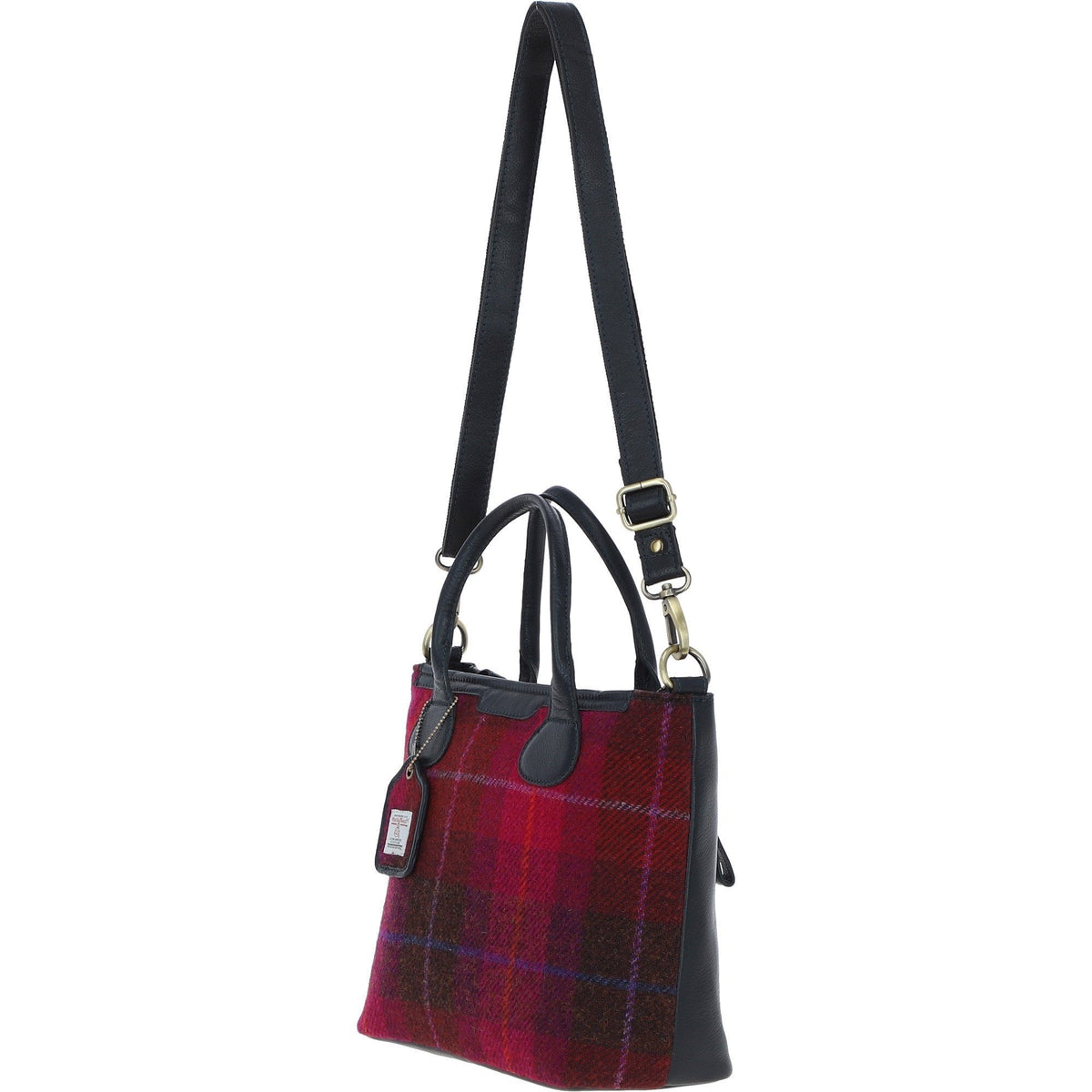 Leather & Harris Tweed Large Shoulder Bag – Navy / Pink, view 2