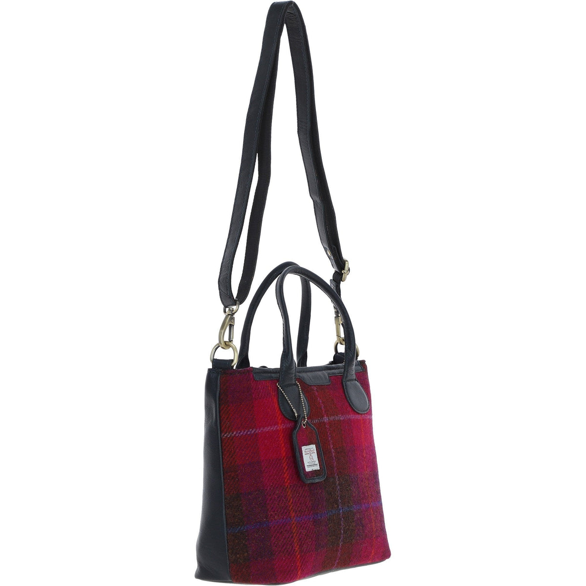 Leather & Harris Tweed Large Shoulder Bag – Navy / Pink, view 4