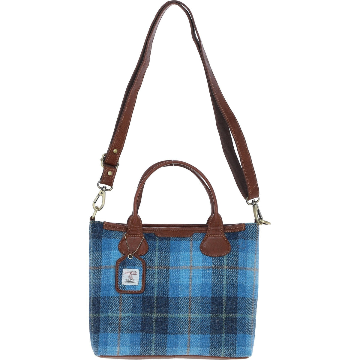 Leather & Harris Tweed Large Shoulder Bag – Tan / Light Blue, view 1