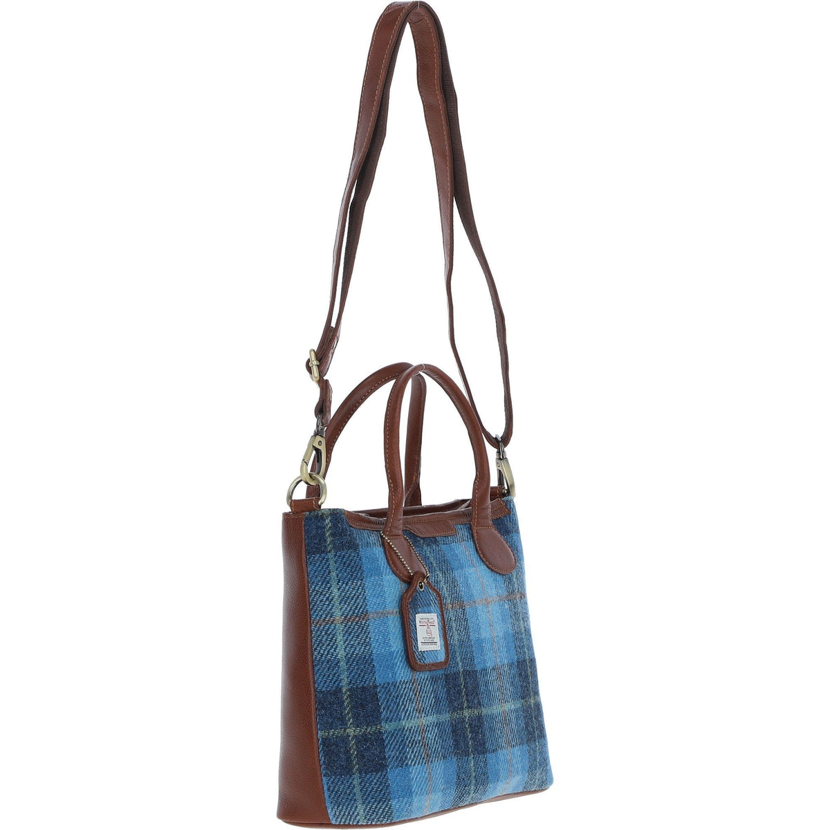 Leather & Harris Tweed Large Shoulder Bag – Tan / Light Blue, view 4