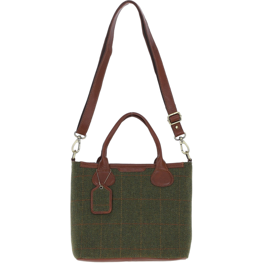 Leather & Tweed Large Shoulder Bag – Tan / Green Check, view 1