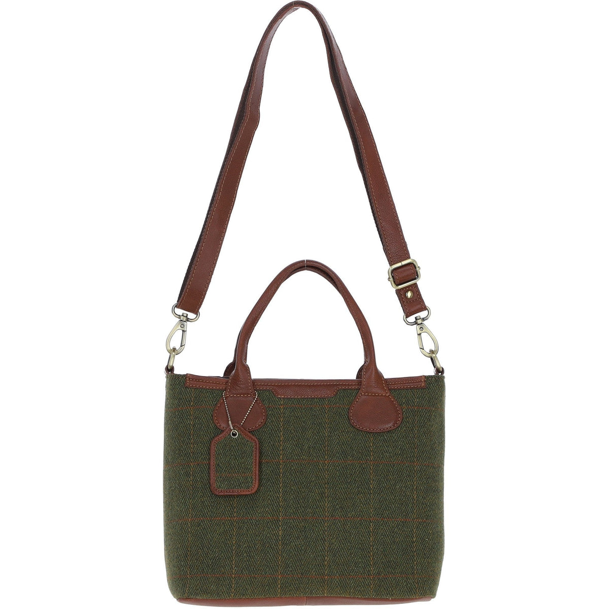 Leather & Tweed Large Shoulder Bag – Tan / Green Check, view 1
