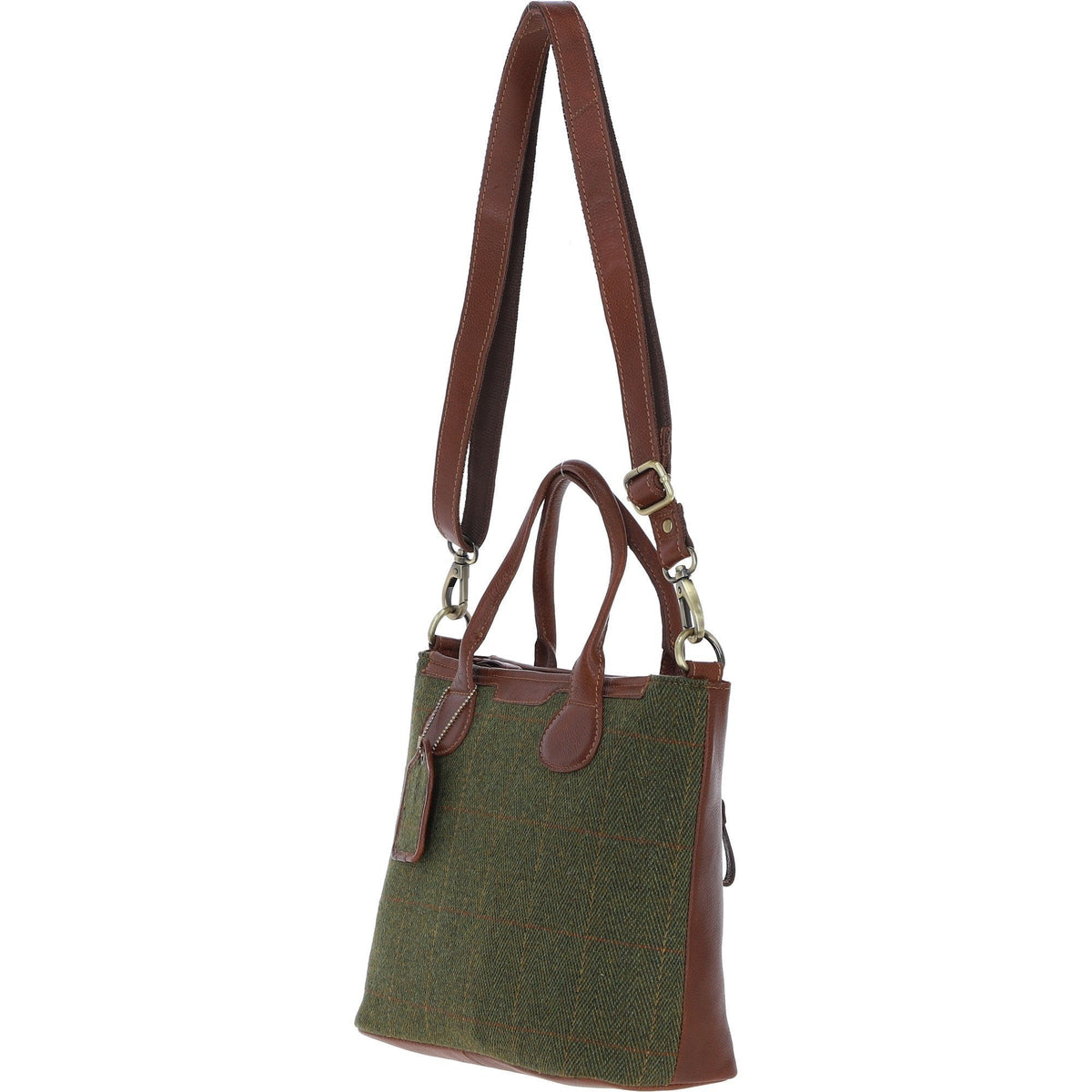 Leather & Tweed Large Shoulder Bag – Tan / Green Check, view 2