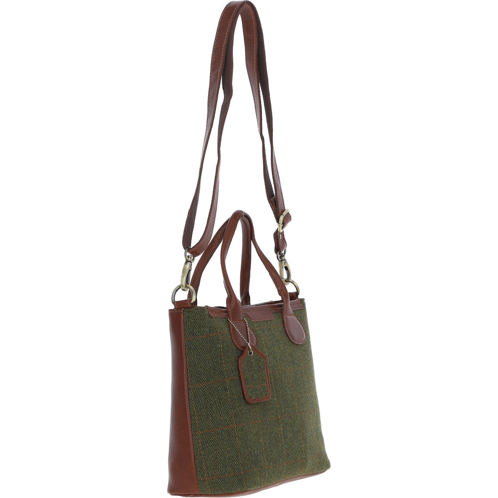Leather & Tweed Large Shoulder Bag – Tan / Green Check, view 4